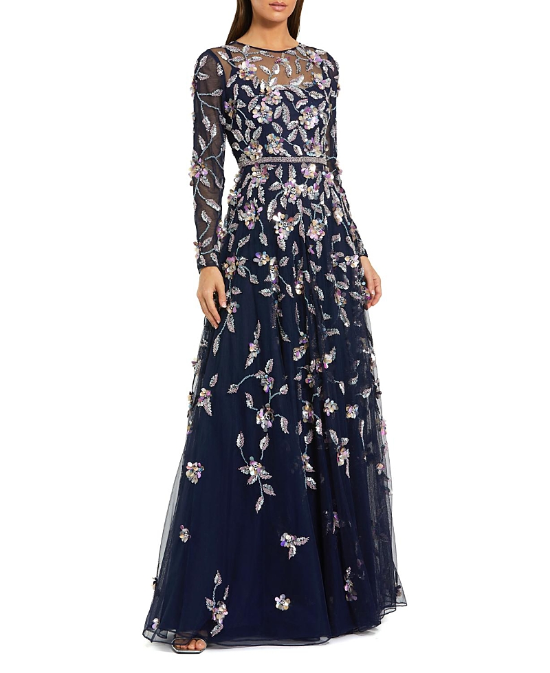 Mac Duggal Petite Long Sleeve Mesh Gown with Beaded Floral Applique