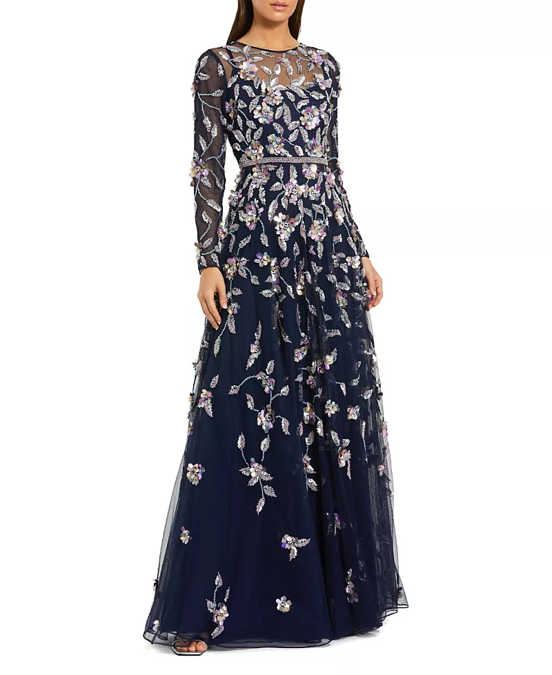 Mac Duggal Petite Long Sleeve Mesh Gown with Beaded Floral Applique