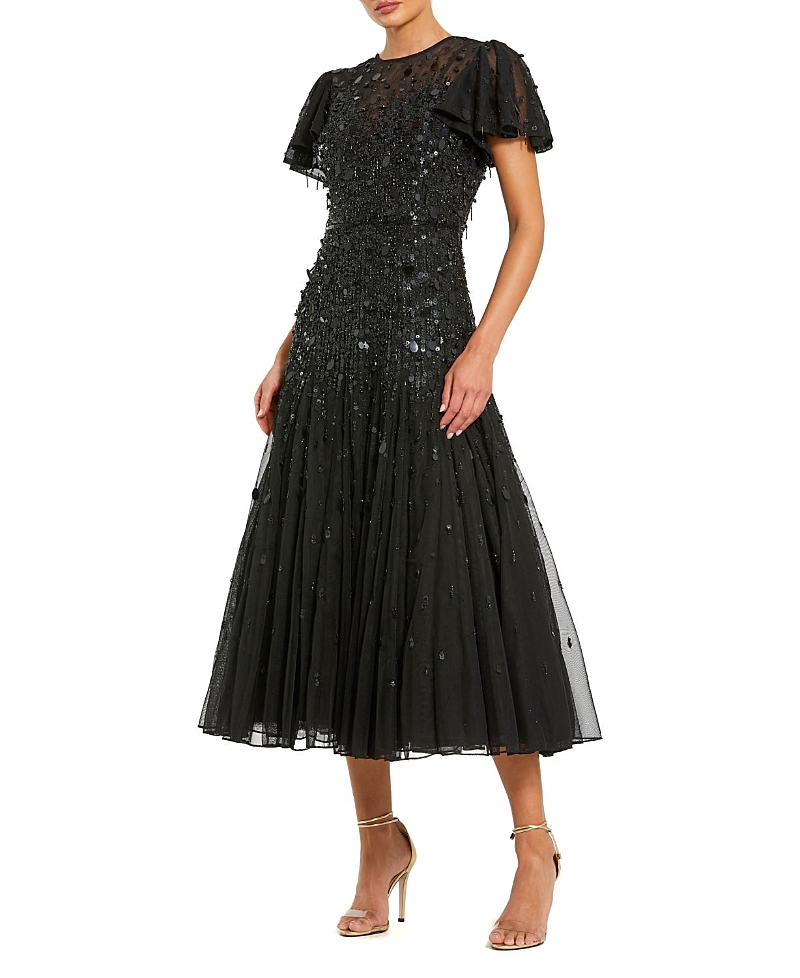 Mac Duggal Flutter Sleeve Sheer Top Beaded Dress