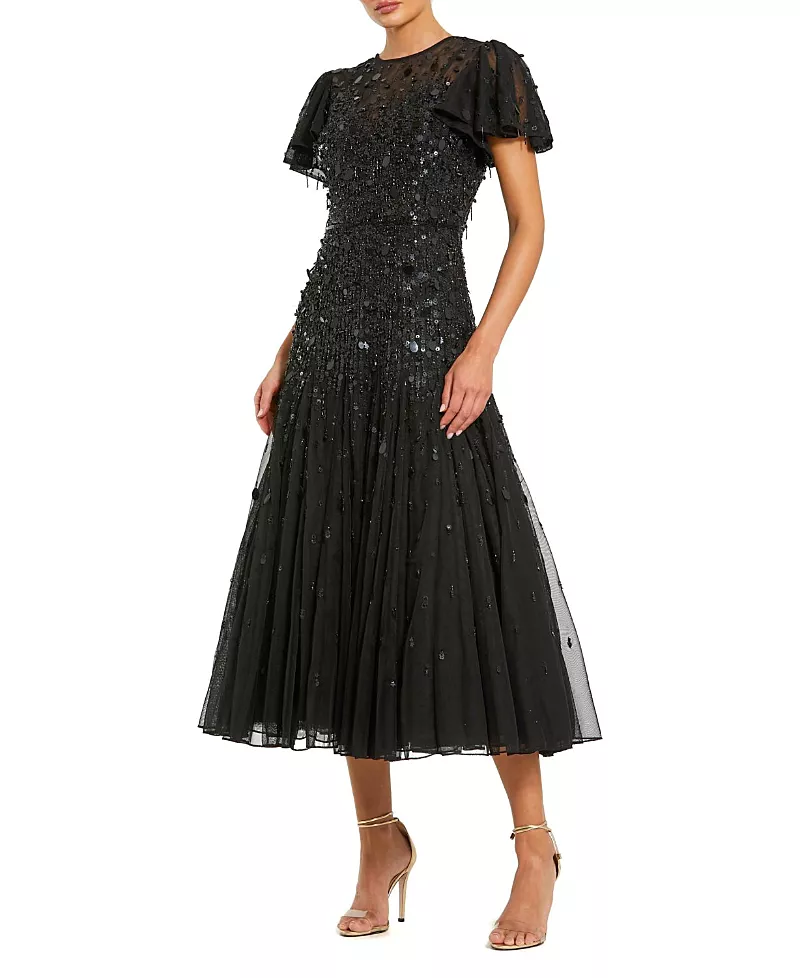 Mac Duggal Flutter Sleeve Sheer Top Beaded Dress