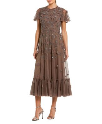Mac Duggal Embellished High Neck Floral Applique with Beaded Detail A Line Dress