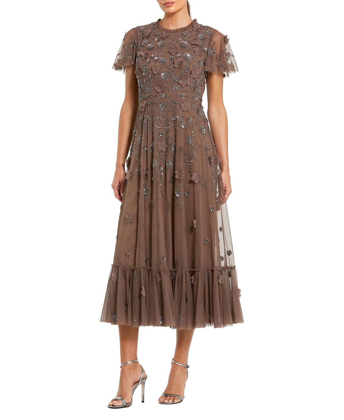 Mac Duggal Embellished High Neck Floral Applique with Beaded Detail A Line Dress