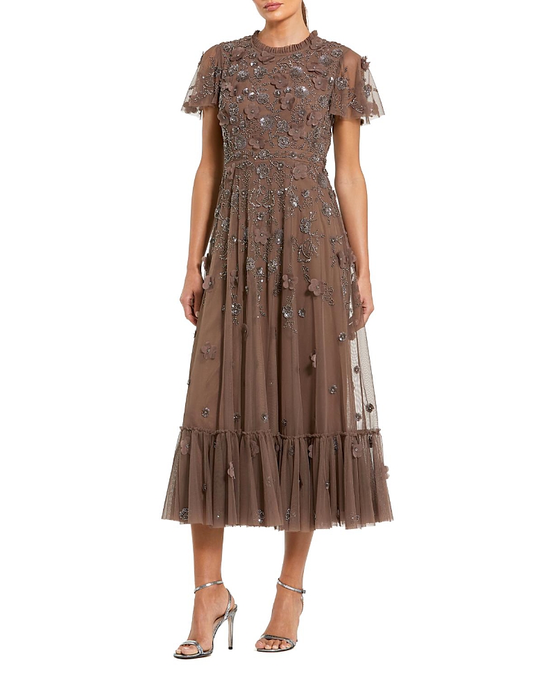 Mac Duggal Embellished High Neck Floral Applique with Beaded Detail A Line Dress