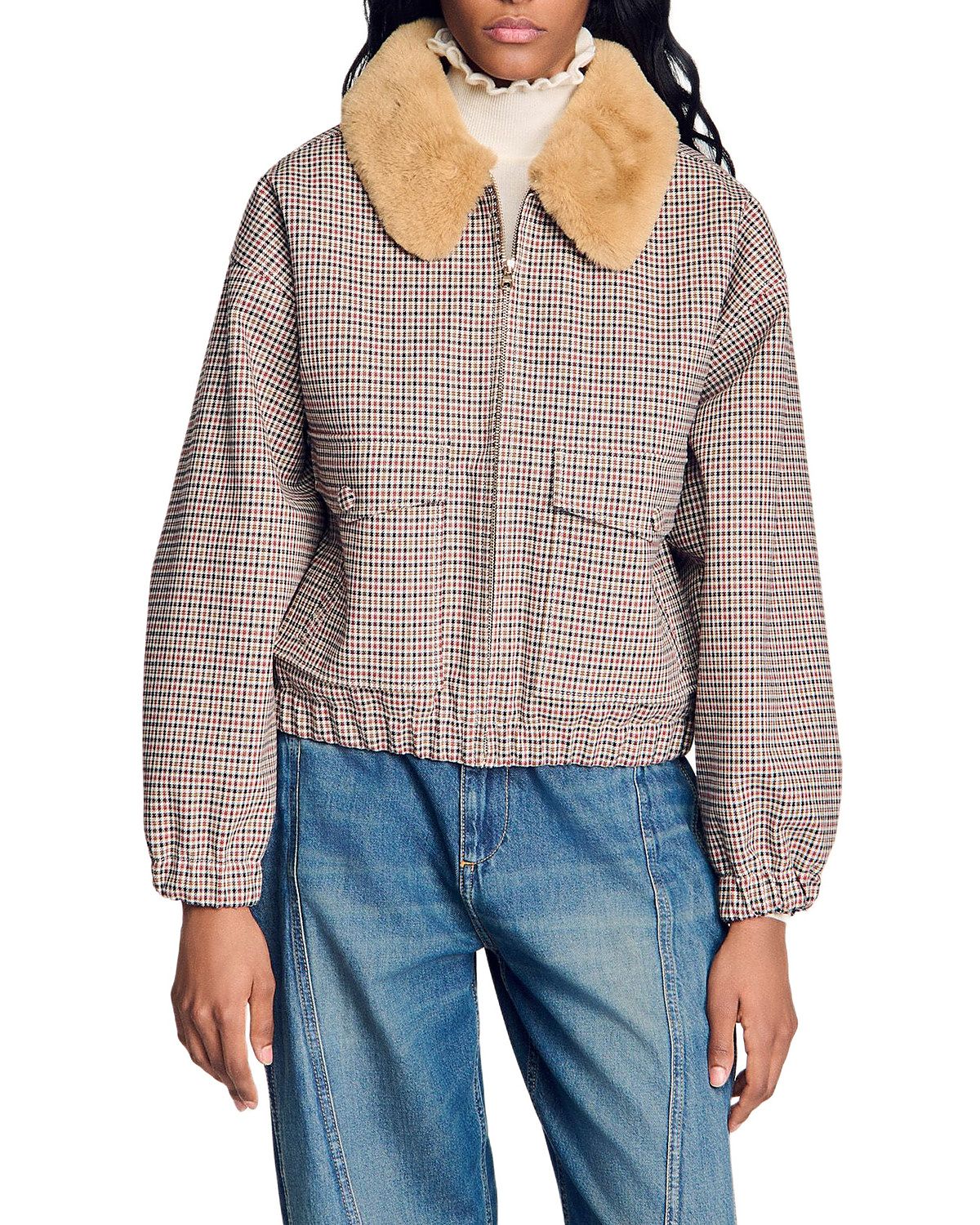 Sandro Faux Fur Lined Check Coat