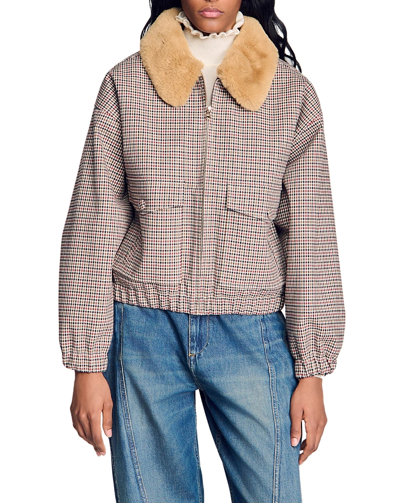 Sandro Faux Fur Lined Check Coat In Brown