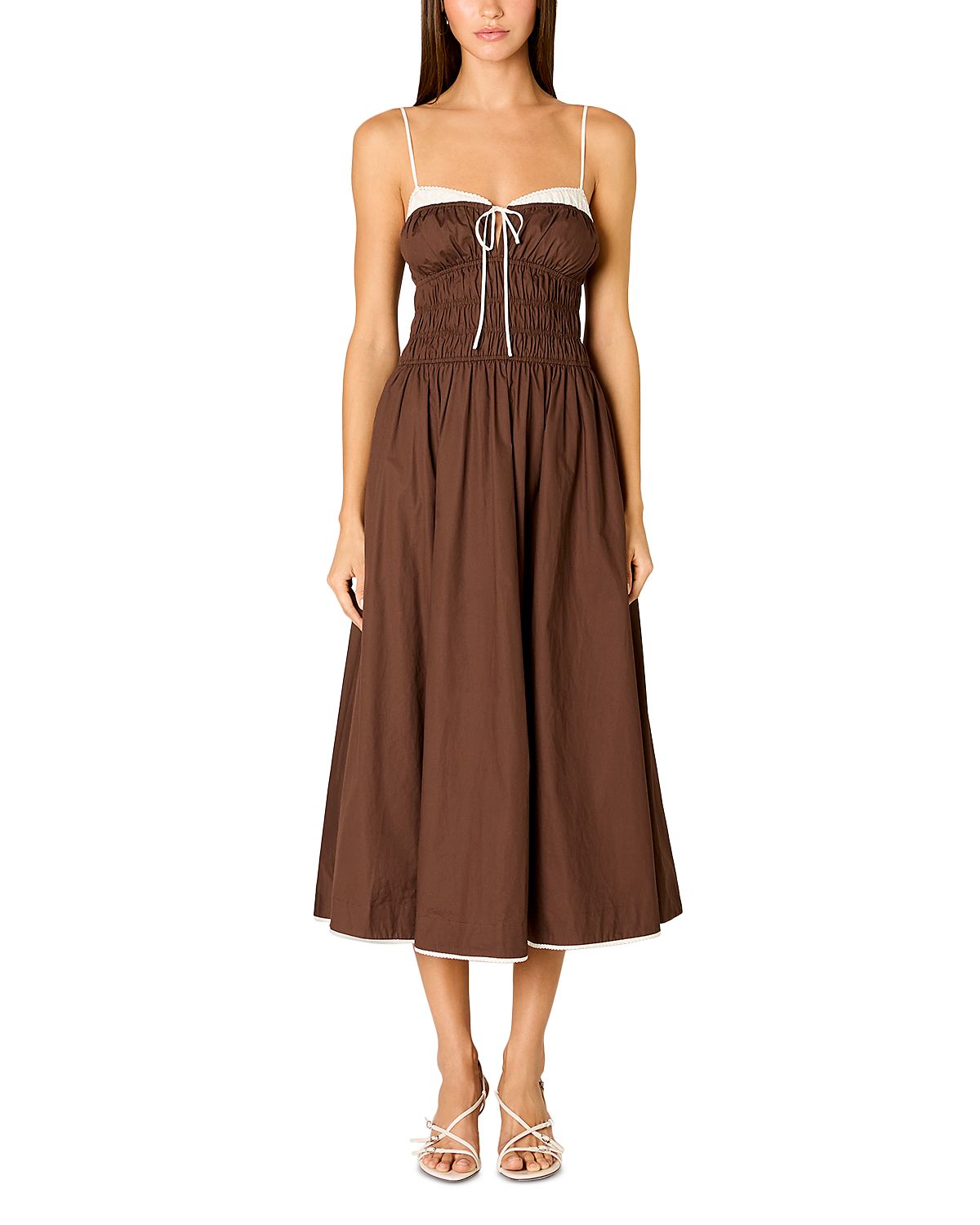 Nia Thomas Sleeveless Ruched Midi Dress with Contrast Trim