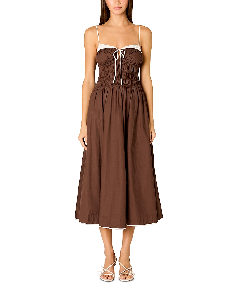 Nia Thomas Sleeveless Ruched Midi Dress with Contrast Trim