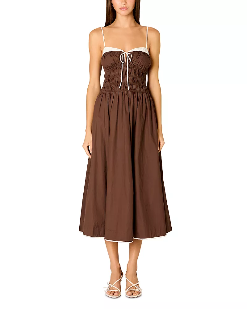 Nia Thomas Sleeveless Ruched Midi Dress with Contrast Trim