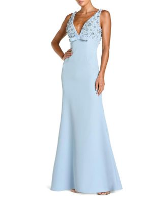  Crepe Sleeveless Beaded V Neck Gown With Bow