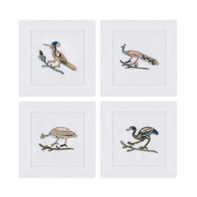 Bird Motif Embroidered Linen Napkins, Set of 4