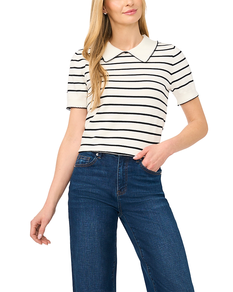 CeCe Stripe Contrast Trim Collared Top