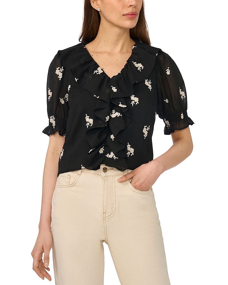 CeCe Embroidered Ruffle Puff Sleeve Top