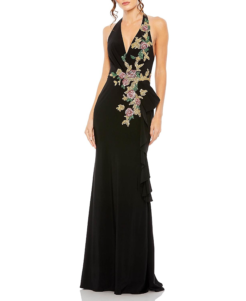 Mac Duggal Halter Floral Embellished Gown