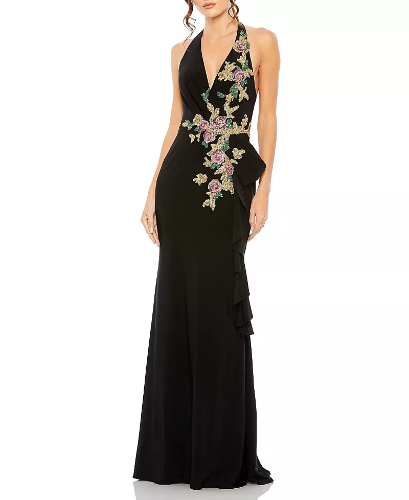 Mac Duggal Halter Floral Embellished Gown