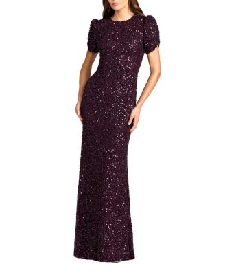  Gathered Short Sleeve Beaded Gown
