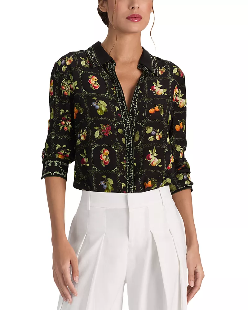 Alice and Olivia Willa Printed Collared Silk Top