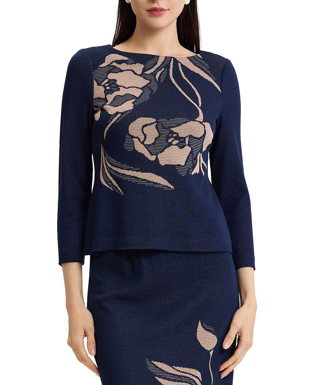 Ming Wang Floral Jacquard Soft Knit Top