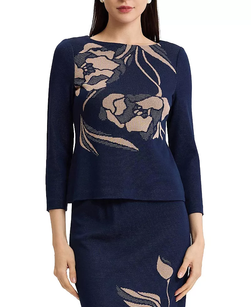 Ming Wang Floral Jacquard Soft Knit Top