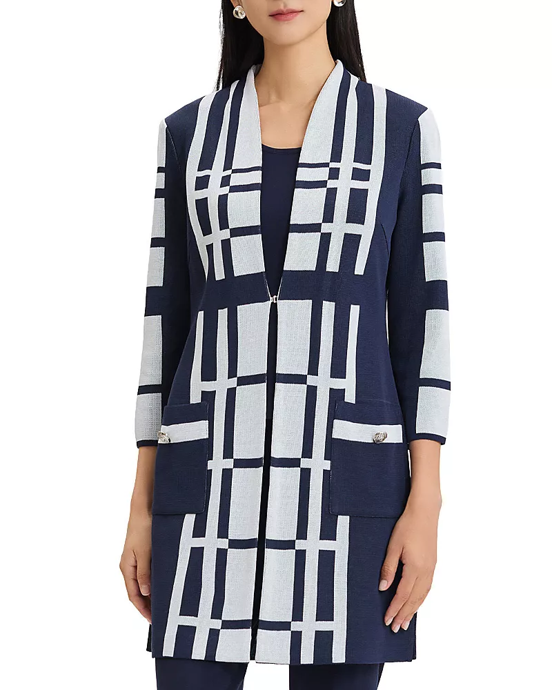 Ming Wang Two-Tone Geometric Knit Duster