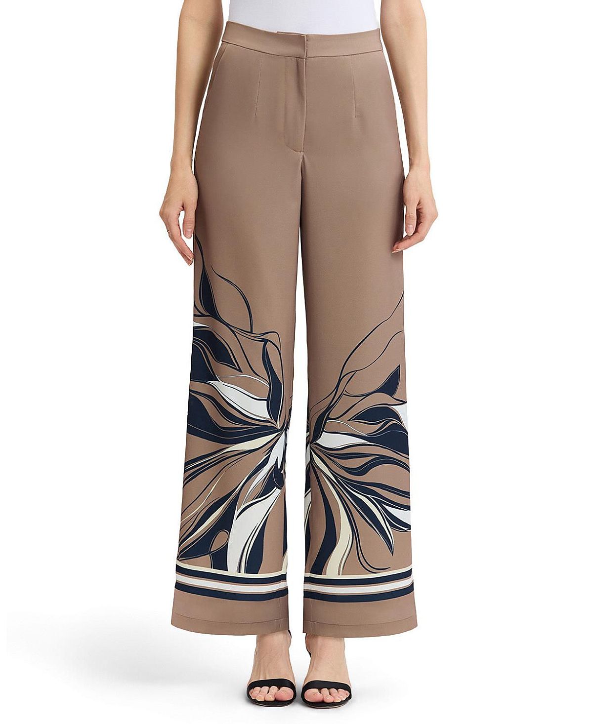 Ming Wang Crepe de Chine Wide-Leg Floral Abstract Pants