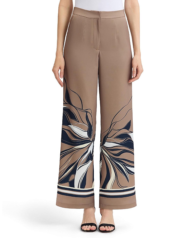 Ming Wang Crepe de Chine Wide-Leg Floral Abstract Pants