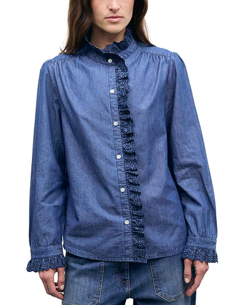 Gerard Darel Loupy Cotton Eyelet Ruffle Blouse