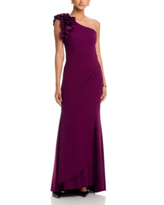 One Shoulder Ruffle Crepe Gown - Exclusive
