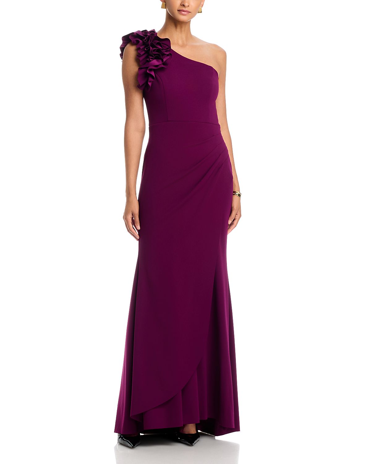 Aqua One Shoulder Ruffle Crepe Gown - Exclusive