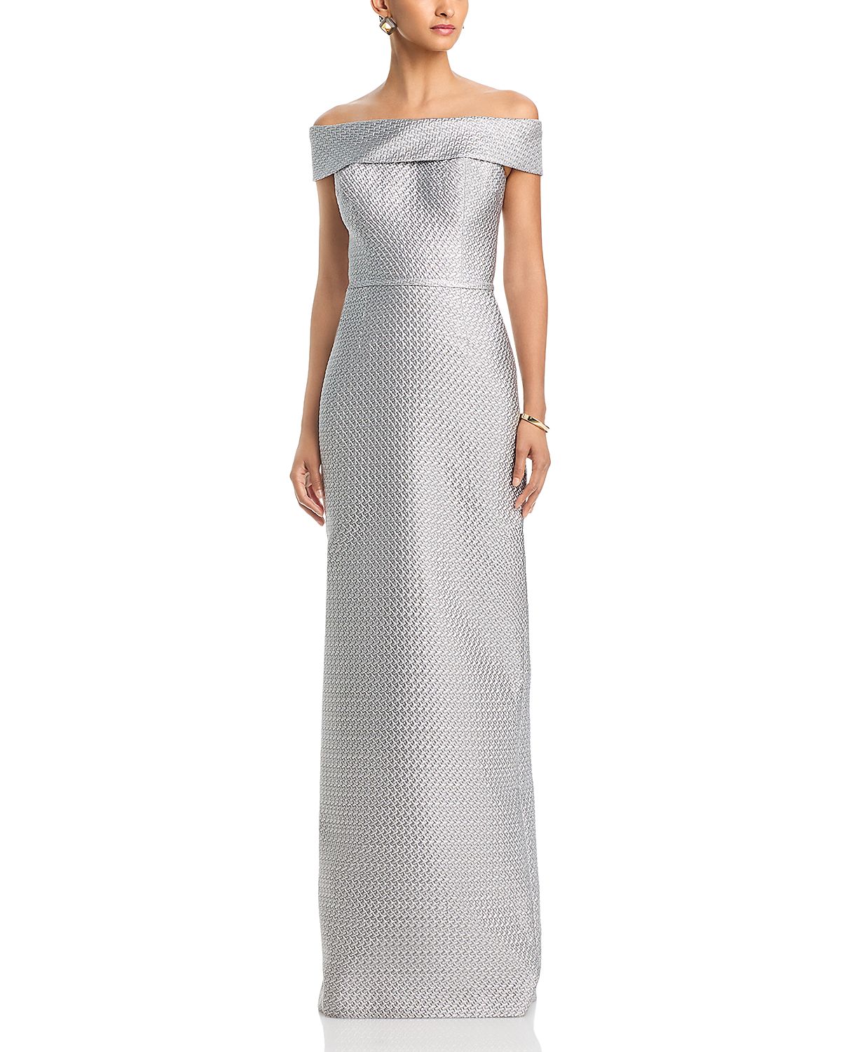 Teri Jon by Rickie Freeman Basket Weave Jacquard Off-the-Shoulder Gown