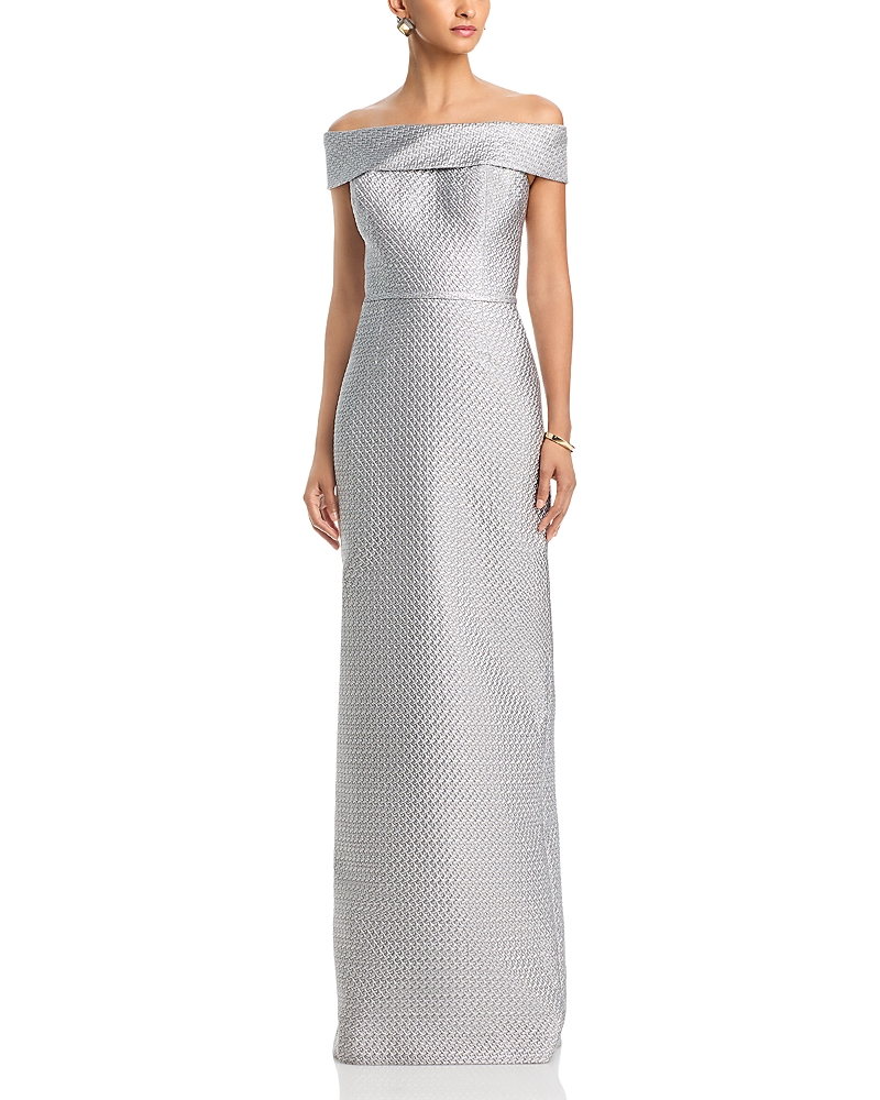 Teri Jon by Rickie Freeman Basket Weave Jacquard Off-the-Shoulder Gown