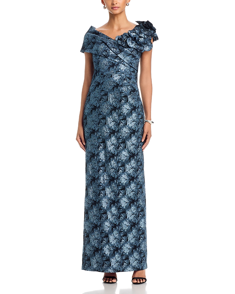 Teri Jon by Rickie Freeman Metallic Jacquard Off-the-Shoulder Flower Gown