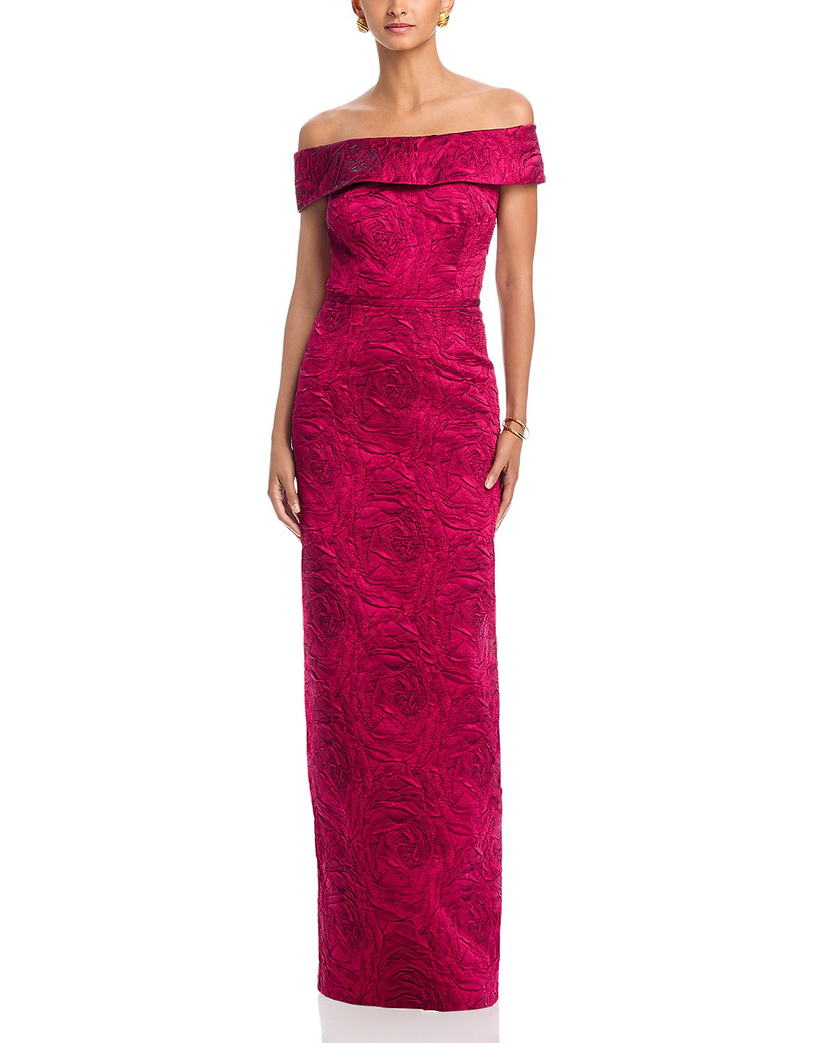 Teri Jon by Rickie Freeman Jacquard Off-the-Shoulder Gown