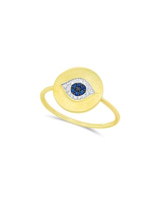 14K White & Yellow Gold Blue Sapphire & Black and White Diamond Evil Eye Ring