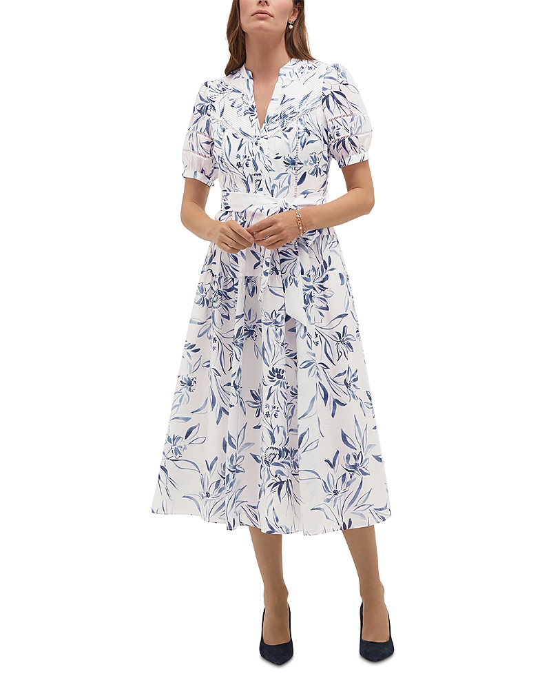 Hobbs London Annabella Printed Tie Waist Ladder Lace Dress