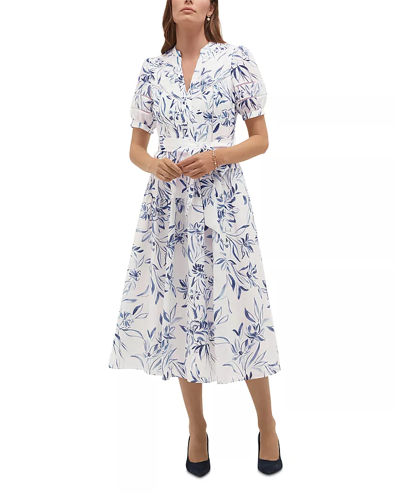 Hobbs London Annabella Printed Tie Waist Ladder Lace Dress