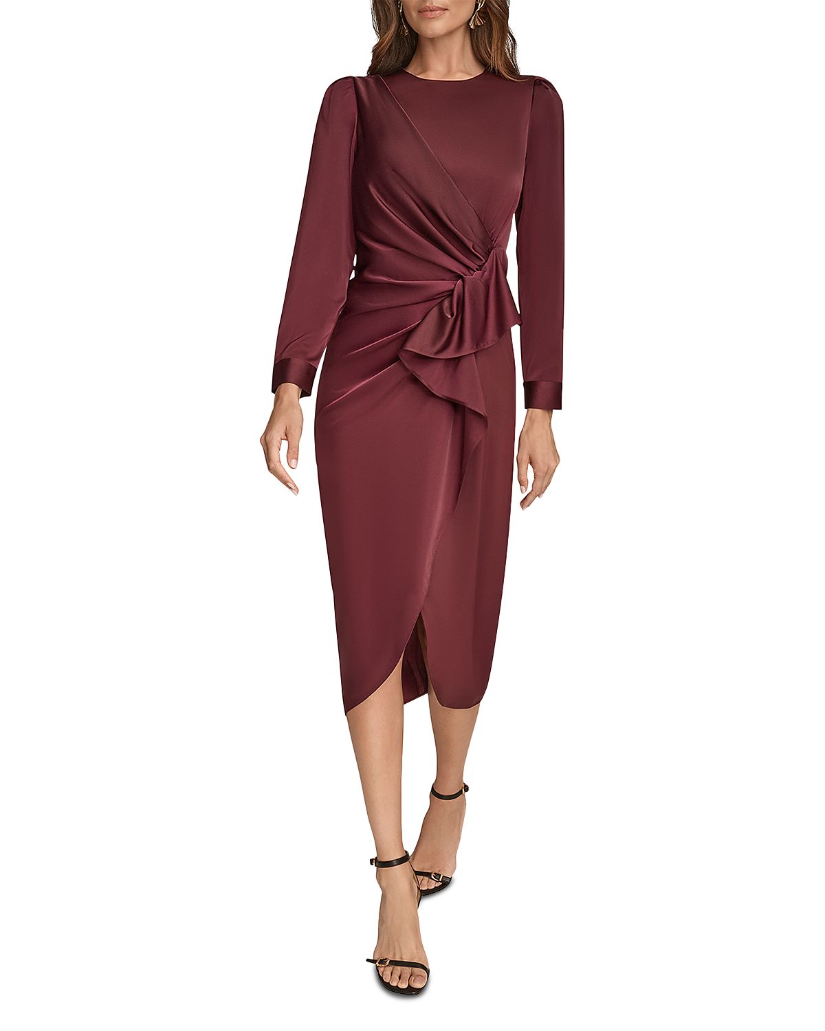 Donna Karan New York Satin Side-Ruched Cascade Ruffle Midi Dress