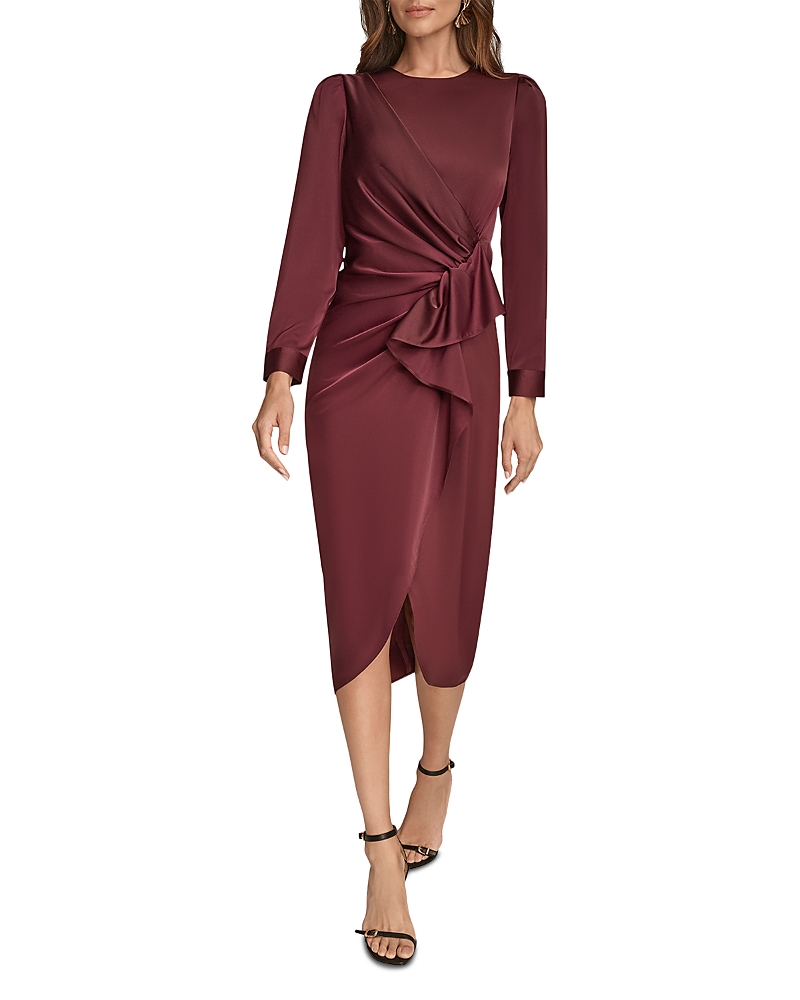 Donna Karan New York Satin Side-Ruched Cascade Ruffle Midi Dress
