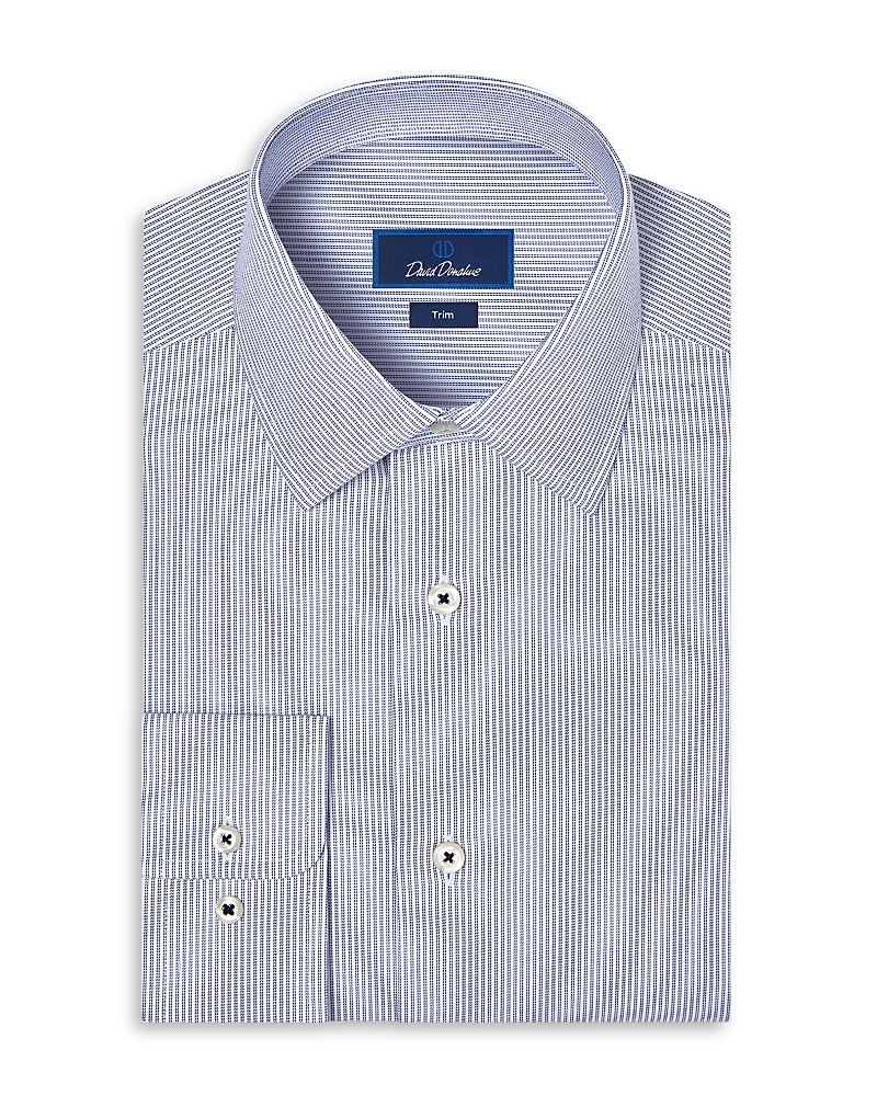 David Donahue Trim Fit Cotton Blend Stripe Dress Shirt