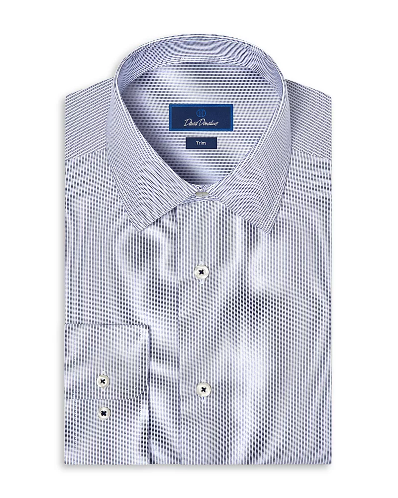 David Donahue Trim Fit Cotton Blend Stripe Dress Shirt