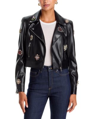 Genevieve Baroque Patches Faux Leather Jacket 