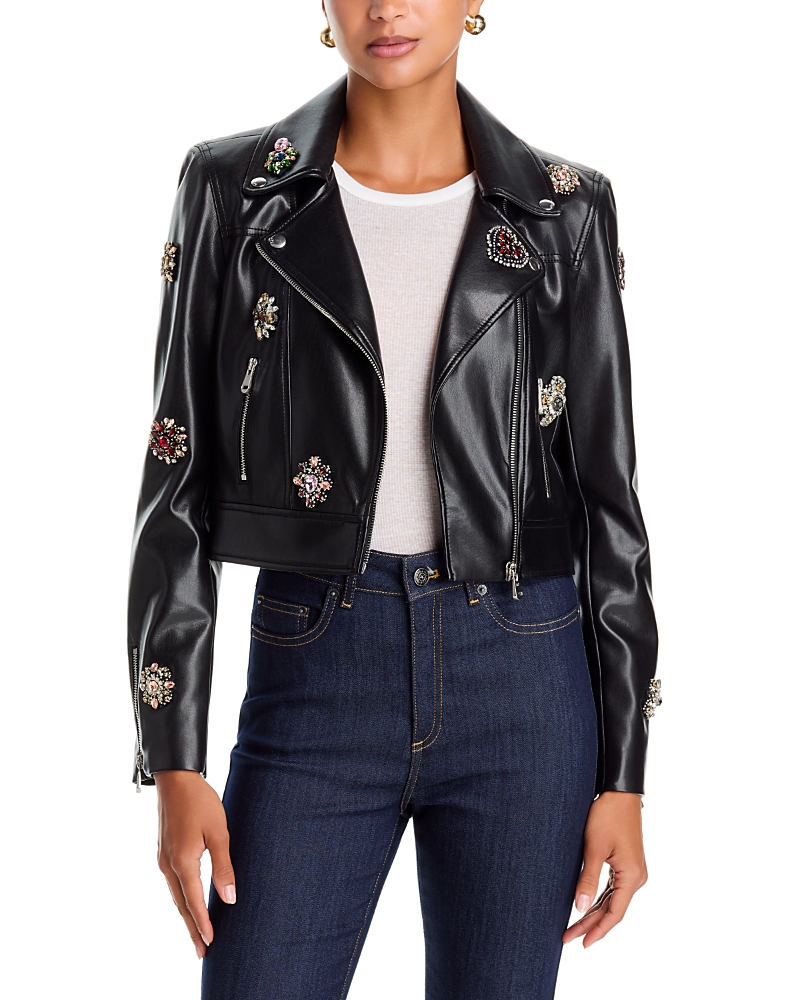 Cinq a Sept Genevieve Baroque Patches Faux Leather Jacket