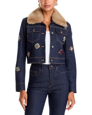 Lexie Baroque Patches Faux Fur Collar Denim Jacket