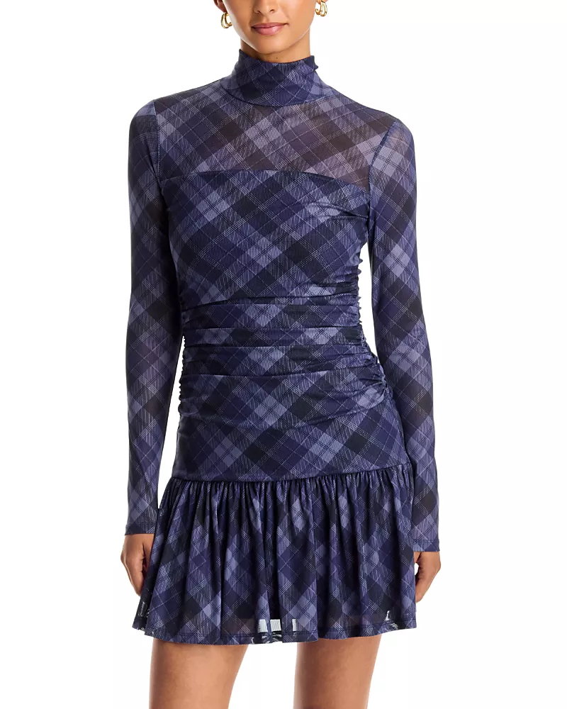 Aqua Plaid Mesh Gathered Mini Dress - Exclusive