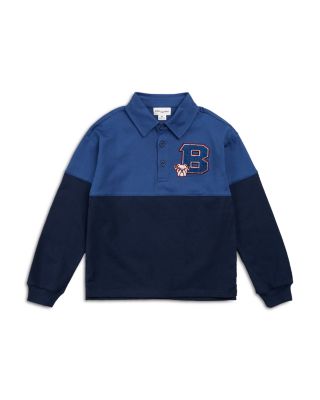 Boys Varsity Emblem on Navy and Dress Blue Long Sleeve Polo - Little Kid, Big Kid