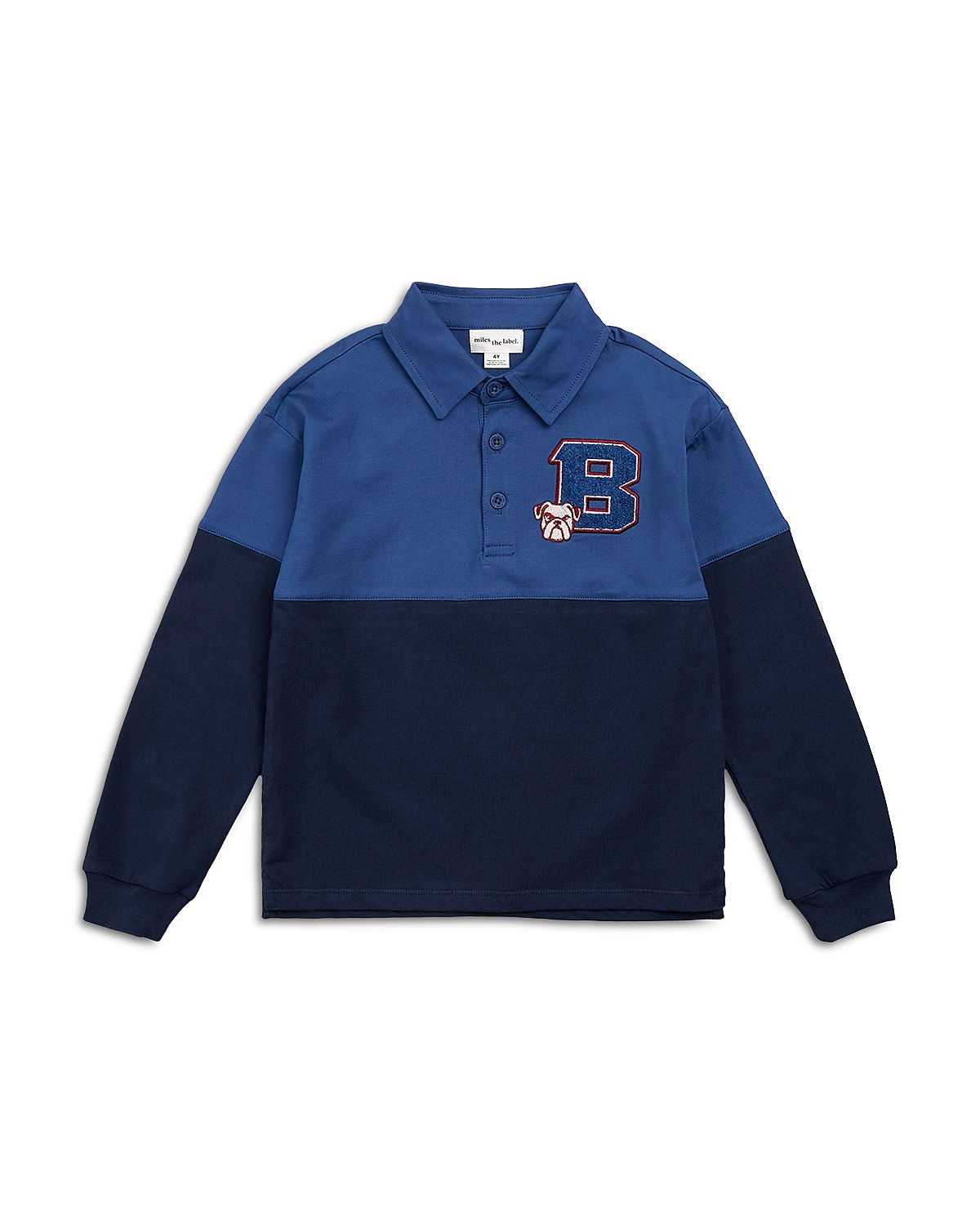 Miles The Label Boys Varsity Emblem on Navy and Dress Blue Long Sleeve Polo - Little Kid, Big Kid