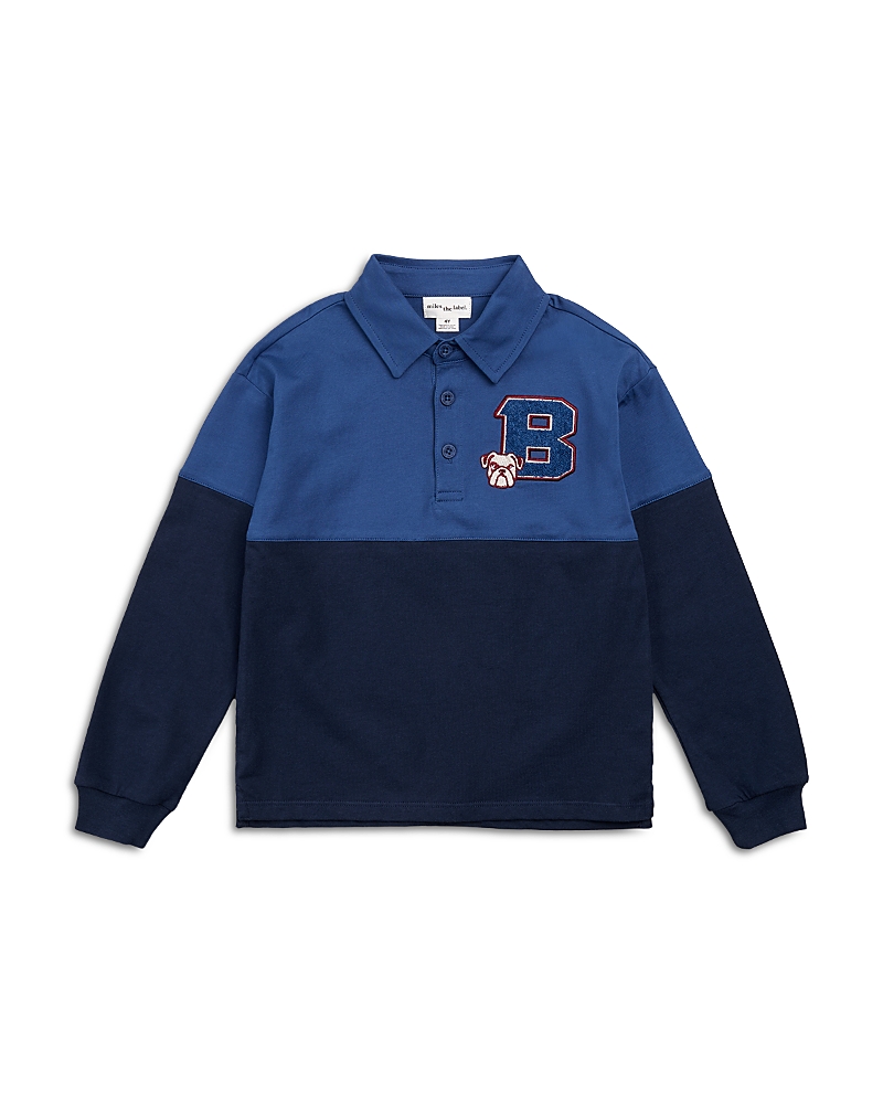 Miles The Label Boys Varsity Emblem on Navy and Dress Blue Long Sleeve Polo - Little Kid, Big Kid