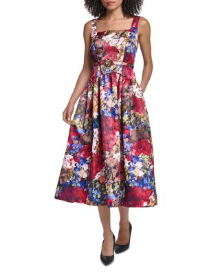 Sleeveless Floral Belted Waist Midi Dress