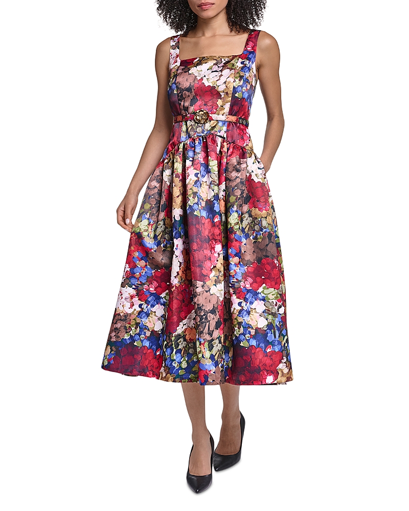 Karl Lagerfeld Paris Sleeveless Floral Belted Waist Midi Dress