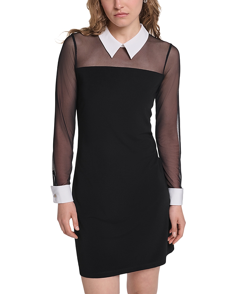 Karl Lagerfeld Paris Collared Long Sleeve Mesh Dress