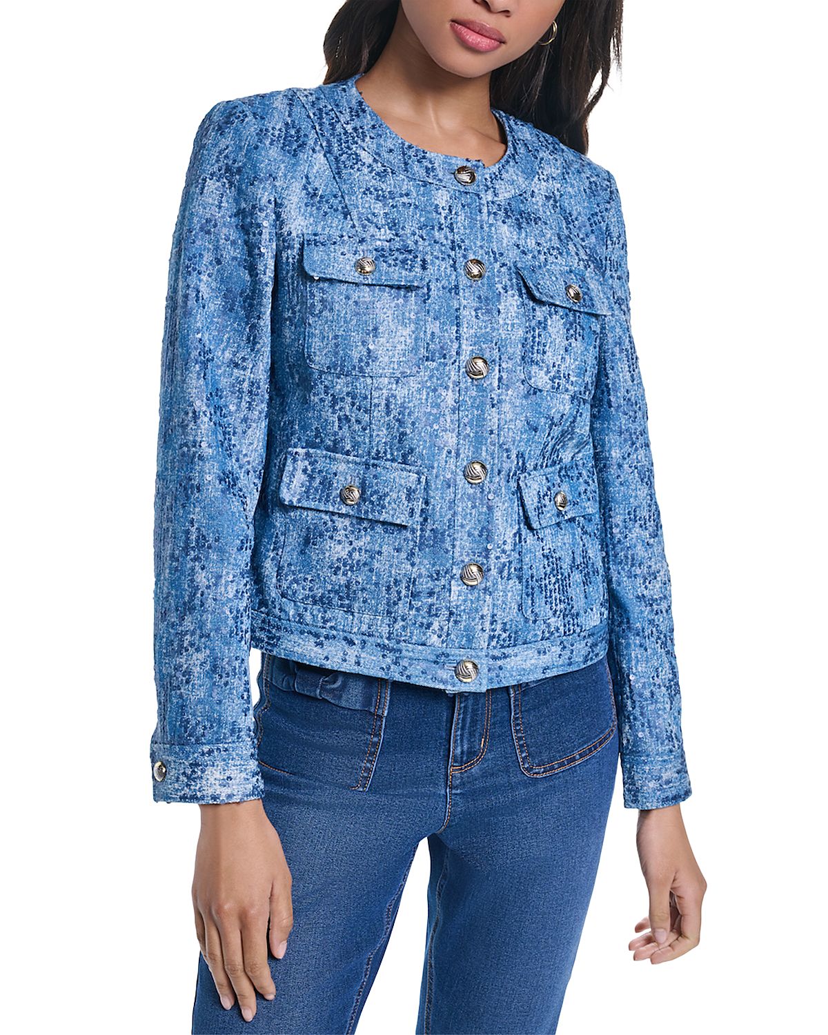 Karl Lagerfeld Paris Sequin Denim Collarless Jacket